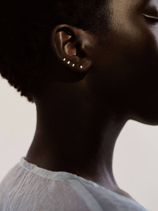 Set in 18k yellow or white gold wear them alone or stacked with other studs from our Carbon Earring Collection. Sold as a single earring.