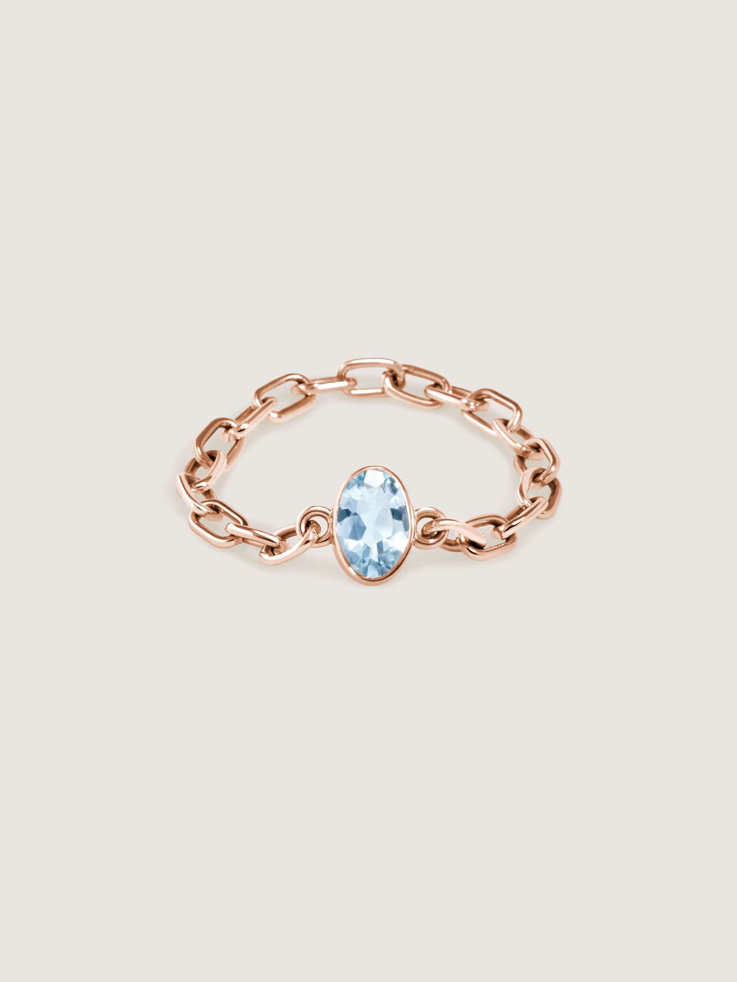 Doublemoss Catena Chain ring with aquamarine gemstone now available in 14k Yellow, White & Rose Gold