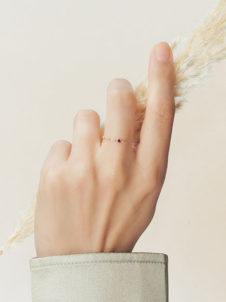 Doublemoss Jewelry 14k Gold Dainty Chain Ring with Natural Red Ruby