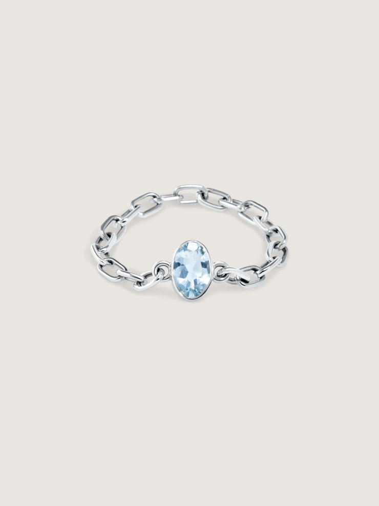 Doublemoss Catena Chain ring with aquamarine gemstone now available in 14k Yellow, White & Rose Gold