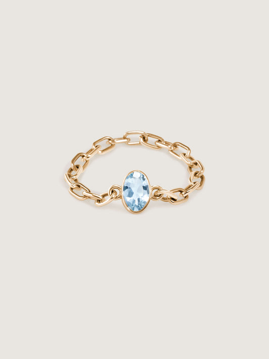 Doublemoss Catena Chain ring with aquamarine gemstone now available in 14k Yellow, White & Rose Gold